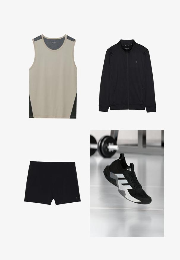Sorth zip-jakke lavet af blødt stof, med høj krave, sidelommer og syede skuldersømme. Minimalistisk logo på brystet.; Beige ærmeløs tanktop med mørkegrå skulderdetaljer og sorte sidelapper. Glat tekstur med en rund halsudskæring.; Sorte sportsshorts med en glat tekstur, elastisk talje og to sidelommer. Har et lille logo nederst til højre.; Sort atletiksko med en mesh-øverdel, hvide striber og grå accenter. Har polstret krave og gummisål. Velegnet til brug i fitnesscenter.