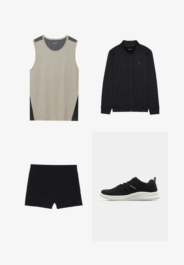 Sorth zip-jakke lavet af blødt stof, med høj krave, sidelommer og syede skuldersømme. Minimalistisk logo på brystet.; Beige ærmeløs tanktop med mørkegrå skulderdetaljer og sorte sidelapper. Glat tekstur med en rund halsudskæring.; Sorte sportsshorts med en glat tekstur, elastisk talje og to sidelommer. Har et lille logo nederst til højre.; Sorte atletiksko med en tekstureret mesh-overdel, en kontrastfarvet hvid sål og et buet design. Har snørrelsessystem og logo-detalje.