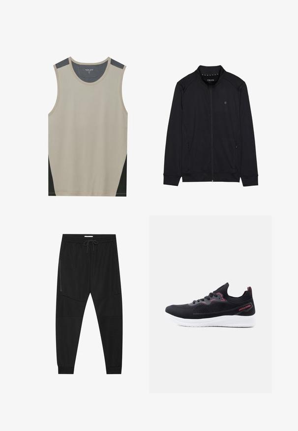 Sorth zip-jakke lavet af blødt stof, med høj krave, sidelommer og syede skuldersømme. Minimalistisk logo på brystet.; Beige ærmeløs tanktop med mørkegrå skulderdetaljer og sorte sidelapper. Glat tekstur med en rund halsudskæring.; Sorte træningsbukser lavet af tekstureret stof, med justerbar talje, lynlåslomme på siden og tapered cuffs.; Sort strikket atletiksko med hvid sål, røde detaljer, snørebånd og "JACK & JONES" branding på hælsiden.