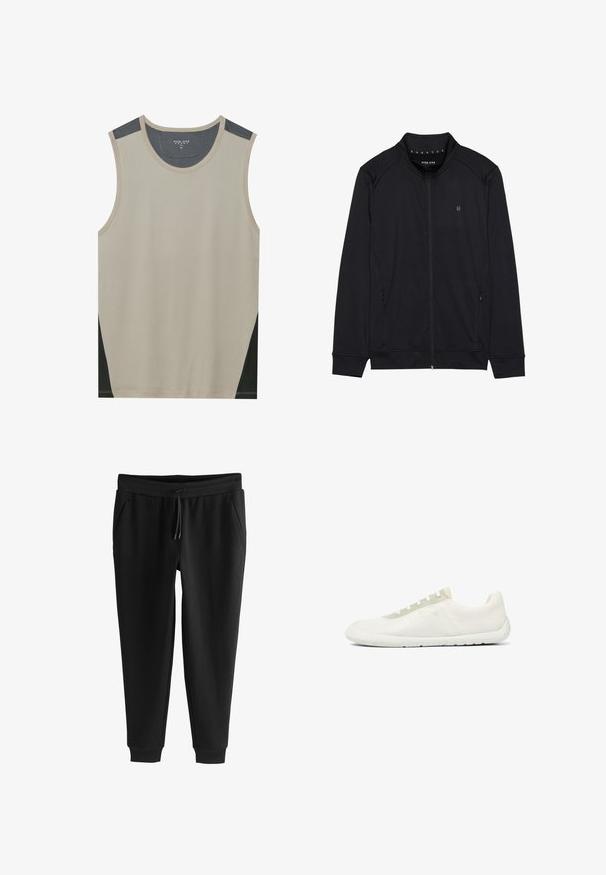 Zwarte ritsjack van zacht materiaal, met een hoge kraag, zijzakken en gestikte schoudernaden. Minimalistisch logo op de borst.; Beige mouwloze tanktop met donkergrijze schouderaccenten en zwarte zijpanelen. Gladde textuur met een ronde halslijn.; Zwarte taps toelopende joggingbroek met elastische tailleband, trekkoord, zijzakken en omgeslagen enkels, plat uitgespreid op een witte achtergrond.; Minimalistische witte lage sneaker met gestructureerde meshstof, witte zool en lichtbeige veteroogpaneel.