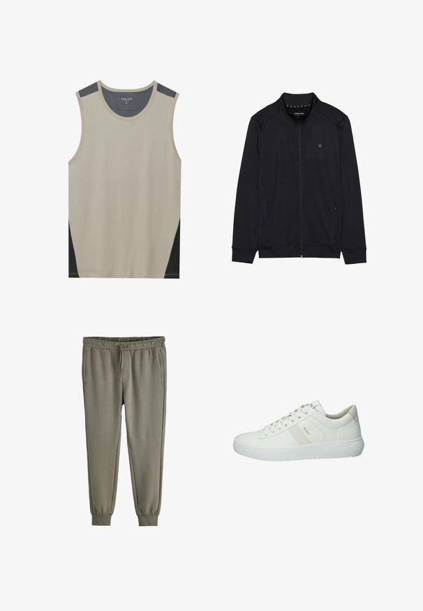 Sorth zip-jakke lavet af blødt stof, med høj krave, sidelommer og syede skuldersømme. Minimalistisk logo på brystet.; Beige ærmeløs tanktop med mørkegrå skulderdetaljer og sorte sidelapper. Glat tekstur med en rund halsudskæring.; Olivengrønne joggebukser med elastisk talje, snøre, sidelommer og manchetter ved anklerne, vist på hvid baggrund.; Hvide læder sneakers med tekstureret overflade, rund tå, gummisål og en subtil beige stribe langs siden.