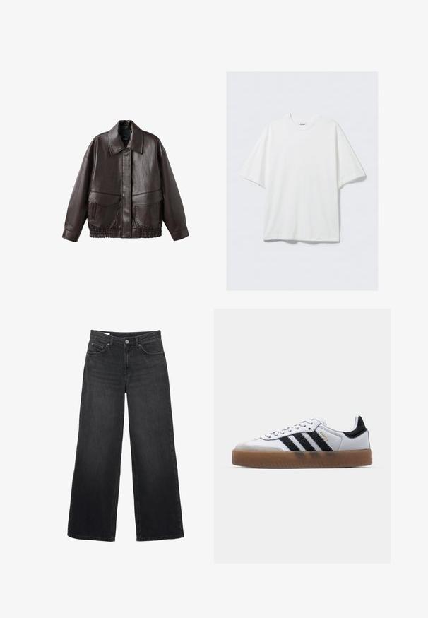 Bruine leren jas met een brede kraag, twee voortassen en elastische gathered accenten aan de onderrand. Gladde, glanzende textuur.; Wit oversized katoenen T-shirt met korte mouwen, ronde hals en een klein merkembleem aan de binnenkant van de kraag.; Zwarte jeans met brede pijpen, hoge taille, sluiting met knopen en rits aan de voorkant, riemlussen en een ontwerp met vijf zakken.; Witte leren sneakers met zwarte strepen, gumrubberen buitenzool, ronde neus, vetersluiting en een zachte grijze suède neuskap.
