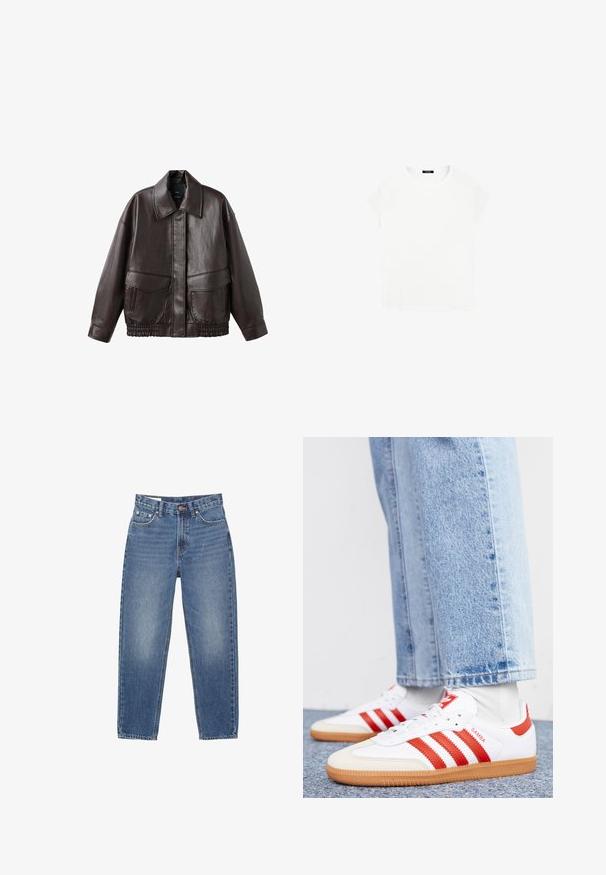 Bruine leren jas met een brede kraag, twee voortassen en elastische gathered accenten aan de onderrand. Gladde, glanzende textuur.; Witte katoenen T-shirt met een ronde halslijn en korte mouwen. Eenvoudig ontwerp, geen patronen of accenten. Zachte, gladde textuur.; Blauwe spijkerbroek met rechte pijpen, vijfzakkenmodel en zichtbare stikseldetails op een witte achtergrond.; Witte leren sneakers met rode strepen en accenten. Voorzien van een getextureerde gumrubberen outsole en een gevoerde kraag. Draag ze met lichtblauwe denim.