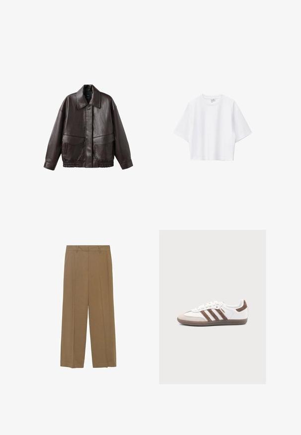 Brun læderjakke med en bred krave, to forlommer og elastiske samlinger ved kanten. Glat, blank tekstur.; Hvid cropped t-shirt lavet af blød bomuld med rund hals, korte ærmer og løs pasform. Simpelt og alsidigt design.; Bredde bukser lavet af letvægtsstof i en ensfarvet brun farve, med frontfolder og et tætsiddende talje. ; Hvid Adidas Samba sneaker med brune ruskindstriber, brun ruskindstå og gummisål på en lys grå baggrund.