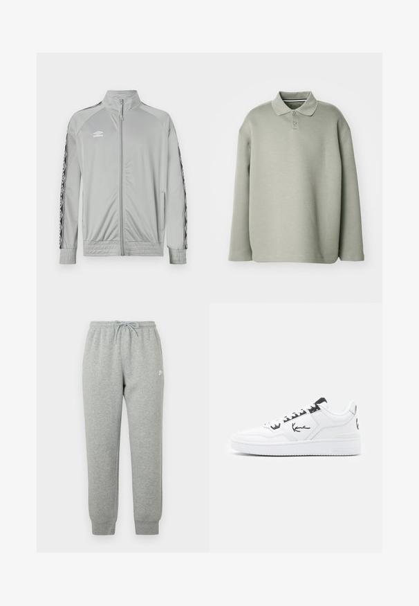 Lys grå zip-up sportsjakke med høj krave, sort og hvid mønstret striber på ærmerne, og Umbro-logo på venstre bryst.; Grøn langærmet polo skjorte lavet af blødt stof. Har krave, tre-knaps placket og afslappet pasform med ribstrikkede manchetter.; Grå joggingbukser lavet af blødt stof, med elastisk talje med snøre, tilspidsede ben og en lille hvid logo på siden.; Hvide lædersneakers med sorte detaljer, der har et signaturlogo på siden, rund tå og tekstureret gummisål.