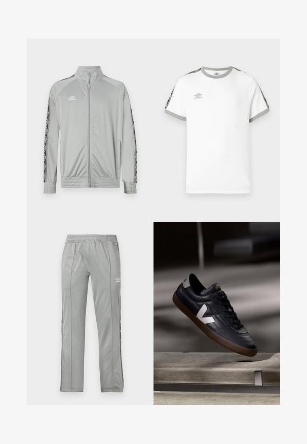 Veste de sport zippée gris clair avec col montant, rayures noires et blanches sur les manches, et logo Umbro sur la poitrine gauche.; T-shirt blanche à manches courtes avec col et poignets gris, bandes noires et grises sur les manches, et logo Umbro sur la poitrine.; Pantalons de sport Umbro gris clair avec taille élastique et bandes latérales noir et blanc, présentés sur un fond blanc.; Baskets en cuir noir avec logo V blanc, avant lacé, détails perforés et semelle en caoutchouc brun; design épuré avec peu d'accents.
