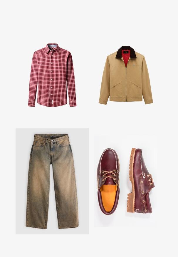 Veste beige zippée avec col marron foncé, doublure intérieure rouge, deux poches avant zippées et petit logo Wrangler sur la poitrine.; Chemise à manches longues à carreaux rouges et blancs avec un col boutonné et des boutons sur le devant, dotée d'un tissu texturé et d'une étiquette à l'ourlet.; Jean en denim à jambes larges de couleur marron délavé avec un lavage léger. Dispose d'un design traditionnel à cinq poches et de détails de coutures visibles.; Chaussures en cuir bourgogne avec semelles en caoutchouc marron, bout rond, couture blanche et œillets dorés. L'intérieur présente une doublure jaune.