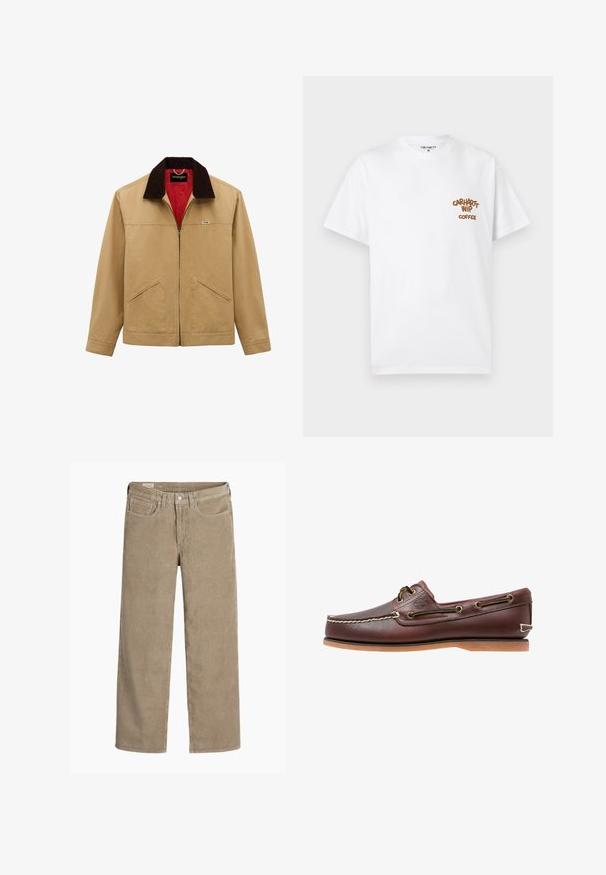 Beige jas met ritssluiting, donkergroene kraag, rode voering, twee voorzakken met rits en klein Wrangler-logo op de borst.; Witte T-shirt met korte mouwen en ronde hals met bruine tekst "Carhartt WIP Coffee" op de linkerborst, maat medium, plat weergegeven op een lichte achtergrond.; Lichtbruine corduroy broek in een wijd model, met een knoop- en ritssluiting, vijf zakken en een zachte, ribbeltextuur.; Bruine leren bootschoen met witte stiksels, veterdetails en beige rubberen zool, zijaanzicht op een witte achtergrond.