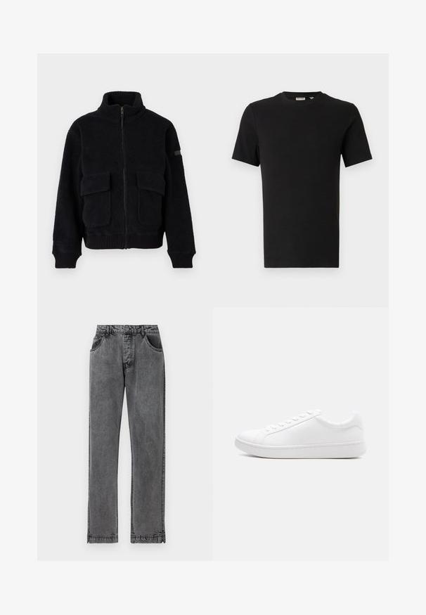 Schwarze Fleece-Zipjacke mit hohem Kragen, zwei vorderen Taschen mit Klappen sowie gerippten Bündchen und Saum.; Schwarzes T-Shirt mit kurzen Ärmeln und Rundhalsausschnitt aus geripptem Stoff, dargestellt auf einem neutralen hellgrauen Hintergrund.; Schwarze Jeans aus Denim mit geradem Schnitt, ausgestattet mit fünf Taschen, einem Knopfverschluss und dezenten Stickdetails an den Nähten.; Weißer Low-Top-Sneaker mit Schnürverschluss, glattem Lederobermaterial und dicker Gummisohle, seitlich auf einem einfarbigen Hintergrund abgebildet.