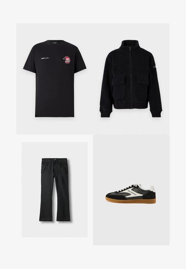 Chaqueta de forro polar negra con cremallera, cuello alto, dos bolsillos frontales con solapas y puños y dobladillo acanalados.; Replay SHORT SLEEVE GRAPHIC - Camiseta estampada - black; Vaqueros de mezclilla negros con piernas rectas, bolsillos delanteros y bajos sin rematar con flecos, colocados planos sobre un fondo claro.; Zapatillas bajas en blanco y negro, fabricadas con materiales de ante y cuero, que cuentan con una suela de goma y un detalle del logo "Karl Lagerfeld".