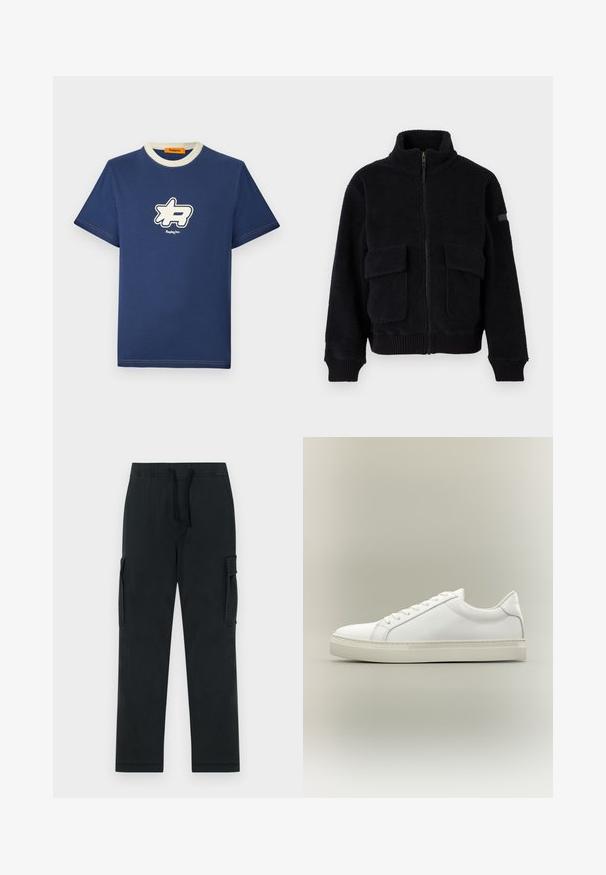 Schwarze Fleece-Zipjacke mit hohem Kragen, zwei vorderen Taschen mit Klappen sowie gerippten Bündchen und Saum.; Marineblaue Baumwoll-T-Shirt mit einem kontrastierenden cremefarbenen Kragen, das ein großes weißes Logo-Design auf der Brust und den Markennamen darunter zeigt.; Schwarze Cargo-Hosen mit einem elastischen Bund, Bindegurt und Seitentaschen. Aus einem glatten, strapazierfähigen Stoff hergestellt; gerade Beinform.; Weißer Sneaker mit niedrigem Schaft, vorn mit Schnürung und dicker Sohle, aus der Seitenansicht vor neutralem Hintergrund.