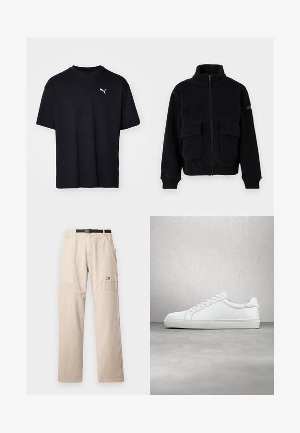 Chaqueta de forro polar negra con cremallera, cuello alto, dos bolsillos frontales con solapas y puños y dobladillo acanalados.; Camiseta de algodón negra de manga corta, con escote redondo y un logo blanco de Puma en la parte superior izquierda del pecho. Corte clásico, textura suave.; Pantalones cargo beige con pierna recta, con trabillas para cinturón, grandes bolsillos laterales y una pequeña etiqueta de la marca en el muslo izquierdo. Material de algodón.; Zapatilla blanca con parte superior de cuero liso y perfil bajo. Presenta una puntera redondeada, seis ojales y una suela de goma texturizada.