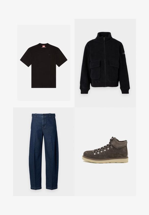Zwarte fleece zip-up jas met hoge kraag, twee voorzakken met kleppen en geribbelde manchetten en zoom.; Zwarte katoenen t-shirt met korte mouwen, ronde hals en een klein reliëflogo op de borst. Rode merklabel bij de hals.; Donkerblauwe denim broek met wijde pijpen, een hoge taille en plooien aan de voorkant. Voorzien van standaard stiksels en een klassieke knoopsluiting.; Bruine suede wandelschoenen met metalen oogjes, zwarte veters en een lichte rubberen zool. Voorzien van een gevoerde kraag voor steun.