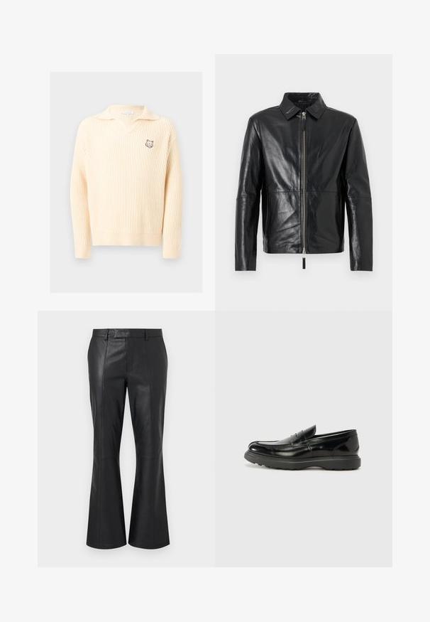 Veste en cuir noire avec un col pointu, des manches longues, une fermeture éclair à l'avant et des poches latérales, présentée sur un fond blanc.; Pull en maille côtelée couleur crème avec un col et un petit logo de tête de loup sur le côté gauche de la poitrine.; Pantalon en cuir noir avec une taille mi-haute, des passants pour ceinture, des coutures avant détaillées et un léger évasement au bas des jambes.; Mocassin en cuir noir avec une finition brillante, bout arrondi, détails de couture subtils et semelle en caoutchouc épaisse pour la durabilité.