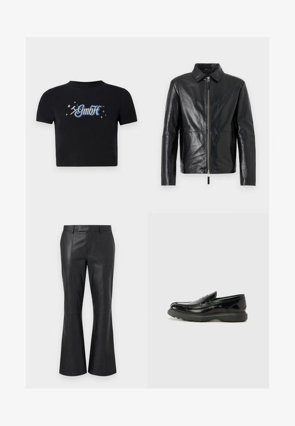 Sort læderjakke med spids krave, lange ærmer, lynlås foran og sidelommer, vist på en hvid baggrund.; Sort cropped t-shirt lavet af bomuld med en rund halsudskæring, prydet med et blåt og hvidt "GmbH" logo omgivet af små stjerner, trykt på forsiden.; Sorte læderbukser med en mellemhøj talje, bæltestropper, detaljerede syninger foran og en subtil flare nederst ved benene.; Sort læderloafer med en blank finish, rund tå, subtile syninger og en tyk gummisål for holdbarhed.