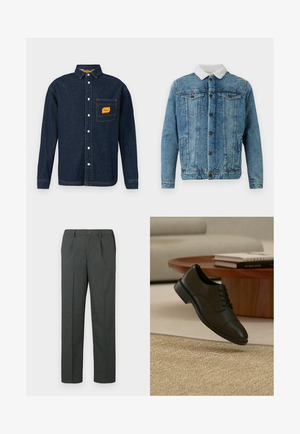 Jeansjacke in Hellblau mit einem flauschigen weißen Kragen, ausgestattet mit zwei Brusttaschen, Knopfleiste und gestickten Details.; Dunkelblaue Denim-Hemd mit Button-Down-Kragen, orangefarbener Etikett auf der Brusttasche und weißen Knöpfen. Weiche Textur mit Kontrastnähte.; Grau maßgeschneiderte Hose mit flacher Vorderseite, geradem Schnitt und einzelner Knopfverschluss, aus einem leichten Stoff gefertigt.; Schwarzer Lederschuh mit Schnürsenkeln, der über einem beigen, strukturierten Teppich in einem Wohnzimmer mit einem hölzernen Couchtisch und Büchern schwebt.