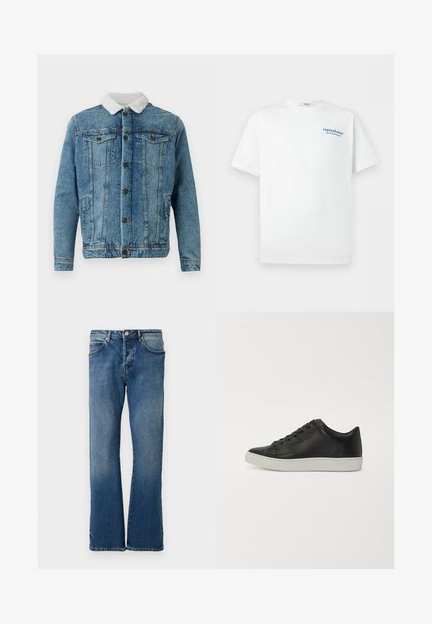 Lysblå denimjakke med en fluffy hvid krave, der har to brystlommer, knaplukning foran og syninger.; Hvid T-shirt med korte ærmer med lille blå tekst "replayhouse japanese dining room" på den øverste venstre bryst.; Lyseblå denimjeans med lige ben-design, der har fem lommer, en knap-lukning og diskret falmning på stoffet.; Sorte lædersneakers med rund tå, flad hvid gummisål og seks huller til snørebånd. Glat overflade, minimalistisk stil.