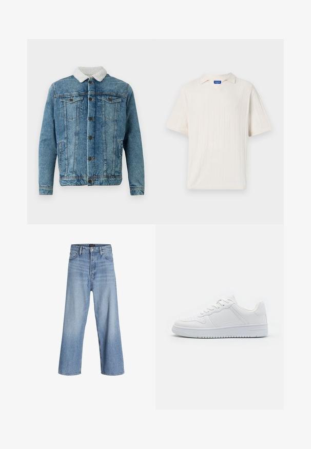Leren spijkerjasje in lichtblauw met een pluizige witte kraag, voorzien van twee borstzakken, knopen aan de voorkant en gestikte details.; Korte mouwen, V-hals gebreid shirt in off-white met verticale ribbelstructuur. Heeft een zachte kraag en een comfortabele pasvorm.; Lichtblauwe denim wijdvallende jeans met een hoge taille, voorzien van een knoopsluiting, vijf pockets en subtiele vervaging. Schoon afgewerkte zoom.; Witte sneakers van glad synthetisch materiaal, met platte veters, geperforeerde neus en een rubberen zool met een gestructureerd grippatroon.