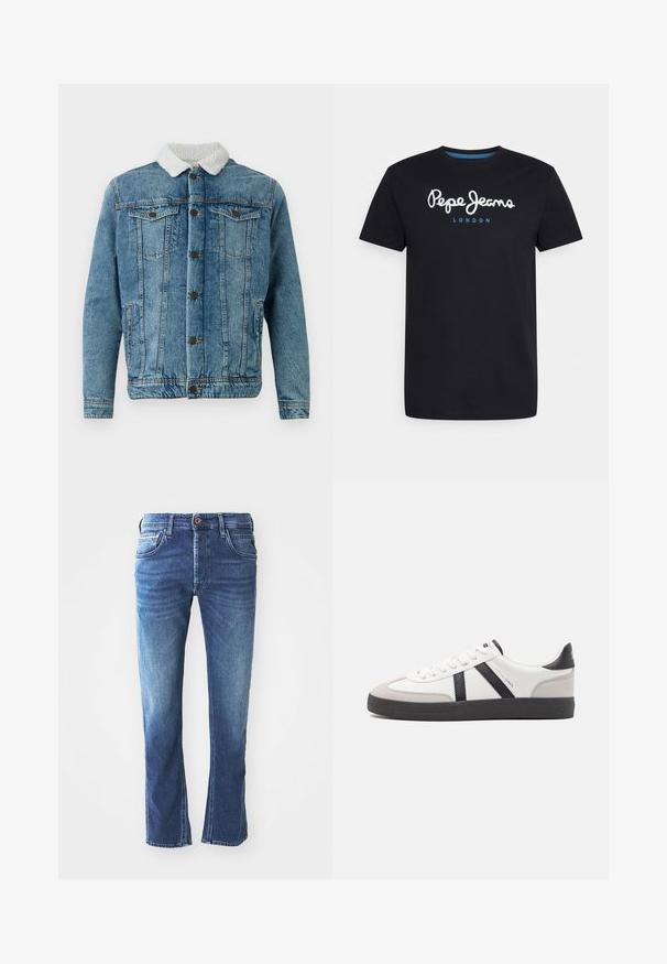 Leren spijkerjasje in lichtblauw met een pluizige witte kraag, voorzien van twee borstzakken, knopen aan de voorkant en gestikte details.; Zwart katoenen T-shirt met een witte scriptlogo "Pepe Jeans" en een blauwe accent, ronde hals en korte mouwen. Eenvoudig, solide ontwerp.; Donkerblauwe spijkerbroek met een rechte pijpdesign, voorzien van vijf zakken, een bruine knoopsluiting en subtiele lichte vervaging op de bovenbenen.; Witte sneaker met zwarte en grijze accenten, voorzien van een grijze neus met textuur, zwarte rubberen zool en platte witte veters. Schoon ontwerp, minimalistische stijl.