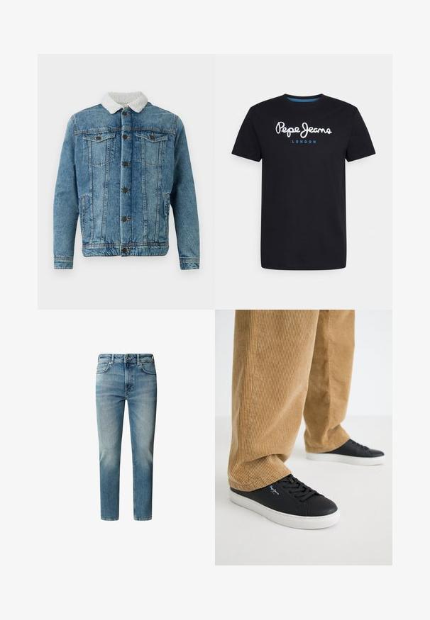 Heled sinine teksajakk, millel on karvane valge krae, kaks rinna taskut, nööpidega esikülg ja õmmeldud detailid.; Mustvalge puuvillane T-särk, millel on valge script logo "Pepe Jeans" sinise aktsendiga, ümar kaelus ja lühikesed varrukad. Lihtne, ühtlane disain.; Heledad kollane teksased, sirge lõikega, viie tasku ja lukuga. Pleekinud kohad põlvede lähedal ja õrn hargnemine reitel.; Mustade nahast tossud, millel on valged kummised põhjapidemed. Kanda koos beeži soonikuga pükstega, millel on vertikaalsed sooned ja lõtv lõige.