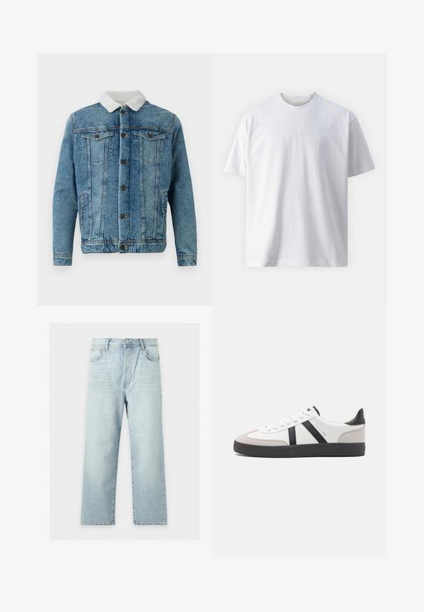 Lysblå denimjakke med en fluffy hvid krave, der har to brystlommer, knaplukning foran og syninger.; Kortærmet hvid T-shirt lavet af bomuld, med en rund halsudskæring og broderet "GUESS JEANS" logo i midten.; Lyseblå jeans med brede ben, fem lommer, knap- og lynlåslukning samt let falmet vask, lagt fladt på en hvid baggrund.; Hvide sneakers med sorte og grå detaljer, med en tekstureret grå tåhætte, sort gummisål og flade hvide snørebånd. Rent design, minimalistisk stil.