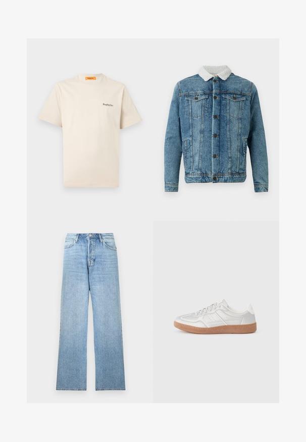 Leren spijkerjasje in lichtblauw met een pluizige witte kraag, voorzien van twee borstzakken, knopen aan de voorkant en gestikte details.; Replay Inc. ESSENTIAL LOGO UNISEX - T-shirt basic - ivory; Lichtblauwe spijkerbroek met een rechte pijp, topknoopsluiting, vijf zakken en rafelige zoom.; Zilveren sneakers met een gladde textuur, vetersluiting, geperforeerde accenten en een gestructureerde bruine rubberen zool.