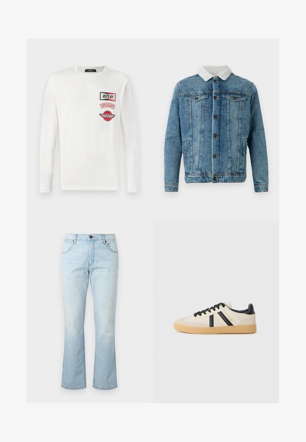 Chaqueta de mezclilla en azul claro con un cuello de pelo blanco esponjoso, presenta dos bolsillos en el pecho, cierre delantero de botones y detalles de costura.; Camisa blanca de manga larga con tres parches rojos y negros en el lado izquierdo del pecho: "REPLAY", "SPECIALIST" y un logo de una V alada.; Vaqueros de mezclilla azul claro con cintura de talle medio, cierre de botón y cremallera, bolsillos delanteros y piernas ligeramente acampanadas.; Zapatillas casuales en crema con rayas negras, con parte superior texturizada y suela de goma. Los cordones son negros. Logo sutil en el costado.