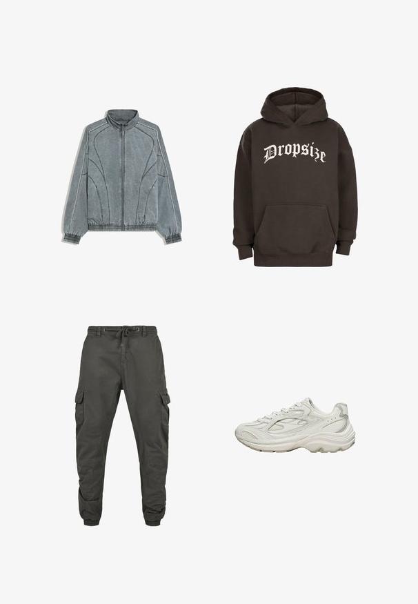 Veste grise zippée avec col montant, poignets et ourlet élastiques, détails de coutures courbes, et fines bandes blanches le long des manches et des épaules.; Hoodie marron foncé avec une poche kangourou à l'avant et un texte en blanc de style Old English portant "Dropsize" sur la poitrine.; Pantalons cargo en coton gris foncé avec une taille élastique, cordon de serrage réglable et plusieurs poches latérales. Poignets élastiques aux chevilles.; Baskets blanches avec une tige texturée et une semelle épaisse. Elles présentent des lignes courbes, des accents gris subtils et un design à lacets.