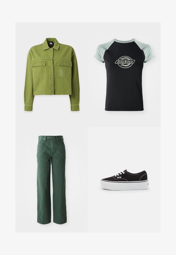 Chaqueta corta de color verde oliva con botones, mangas largas, dos bolsillos delanteros con solapa y un pequeño logo bordado de flor en el bolsillo derecho.; Camiseta negra con mangas raglán verde claro. Presenta un logo circular central con el texto "Dickies" en un diseño de cuerda. Textura de tela suave.; Vaqueros verdes de pierna ancha hechos de denim. Presentan una cintura alta, piernas rectas, bolsillos frontales y cierre de botón metálico.; Zapatilla de lona negra con suela de plataforma de goma blanca, que presenta cordones y costuras blancas, con branding icónico en el lateral, diseño de corte bajo.