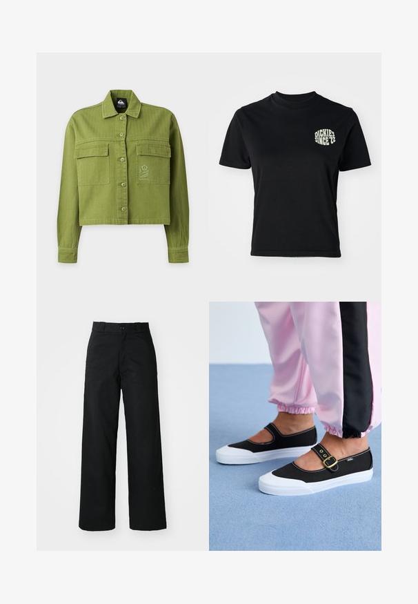 Olivengrøn cropped jakke med knapper, lange ærmer, to forlommer med klap og et lille broderet blomsterlogo på højre lomme.; Sort bomulds t-shirt med rund hals og korte ærmer; har et lys grønt grafik "DICKIES SINCE '22" på venstre brystområde.; Sorte vide bukser med flad front, knaplukning og bæltestropper. Fremstillet af holdbart stof med en glat tekstur.; Sorte lærredssko med en hvid sål, der har et udskæringsdesign og et guldspænde. Bæret med lyserøde træningsbukser.