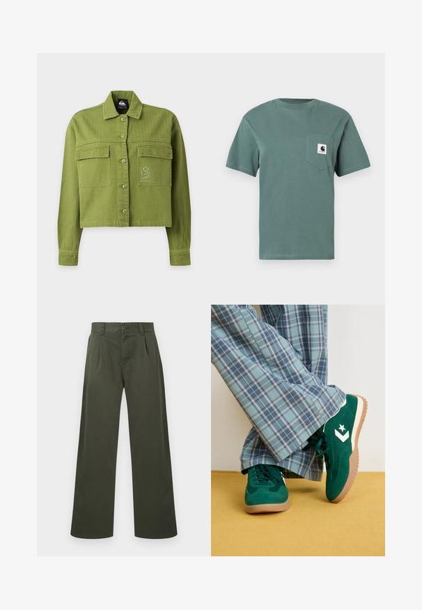 Chaqueta corta de color verde oliva con botones, mangas largas, dos bolsillos delanteros con solapa y un pequeño logo bordado de flor en el bolsillo derecho.; Camiseta verde de manga corta hecha de algodón con un bolsillo en el pecho izquierdo que presenta un parche de logo. Diseño simple y clásico sin patrones.; Pantalones de pierna recta color verde oliva con trabillas para cinturón, cierre frontal con botones y bolsillos laterales sobre un fondo blanco.; Zapatillas de ante verdes con acentos blancos y un logo de estrella, combinadas con pantalones de cuadros azules de pierna ancha, sobre un suelo amarillo.
