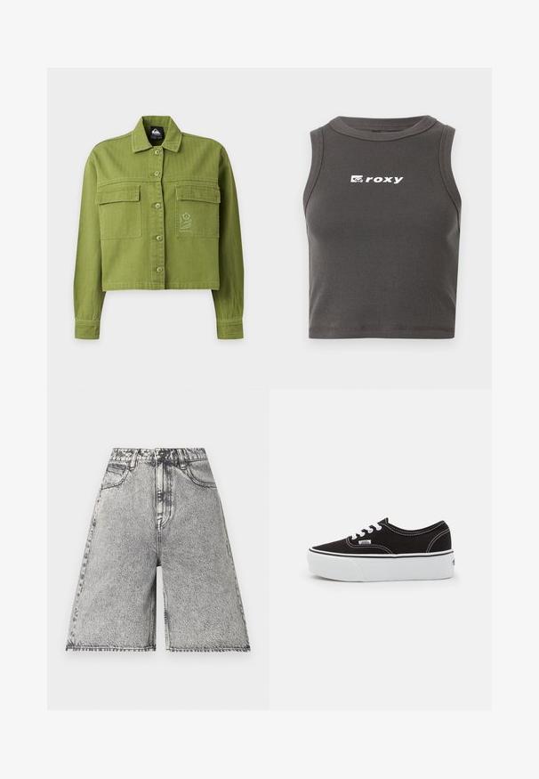 Veste courte boutonnée vert olive avec manches longues, deux poches à rabat à l'avant, et un petit logo fleur brodé sur la poche droite.; Top court à col rond en ribbed gris, sans manches. Présente le logo "roxy" en blanc à l'avant.; Shorts en denim avec un motif délavé noir et gris, présentés avec une taille haute, des passants de ceinture et cinq poches. Les bords sont finis.; Baskets en toile noires avec une semelle en caoutchouc blanc, dotées de lacets et de coutures blanches, marquage emblématique sur le côté, design basse.