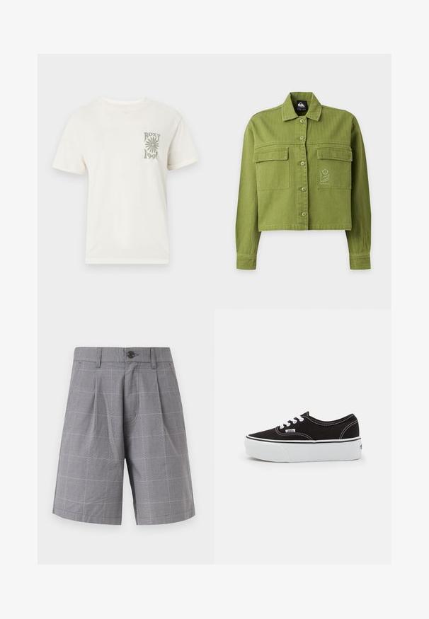 Veste courte boutonnée vert olive avec manches longues, deux poches à rabat à l'avant, et un petit logo fleur brodé sur la poche droite.; T-shirt blanc à manches courtes avec encolure ronde, présentant un petit motif gris d'une fleur et le texte "ROXY 1990" sur la poitrine gauche.; Shorts gris sur mesure avec un motif à carreaux subtil, plis avant, passants pour ceinture, poches latérales et une fermeture à bouton noir unique.; Baskets en toile noires avec une semelle en caoutchouc blanc, dotées de lacets et de coutures blanches, marquage emblématique sur le côté, design basse.