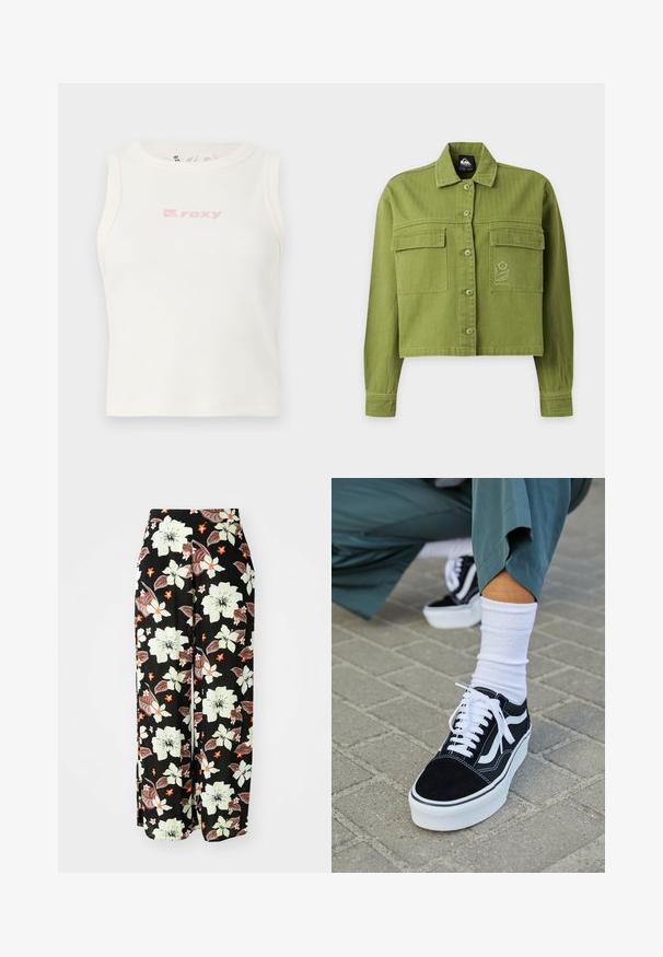 Veste courte boutonnée vert olive avec manches longues, deux poches à rabat à l'avant, et un petit logo fleur brodé sur la poche droite.; Débardeur blanc côtelé avec un col rond et un petit logo "Roxy" rose sur la poitrine. Texture lisse, design ajusté, sans manches.; Pantalons floraux noirs avec de grandes fleurs blanches, orange et brunes, au design ample et à jambes larges, en tissu doux et léger.; Baskets en suède noir avec des accents et des lacets blancs, présentant une épaisse semelle blanche et des coutures contrastantes, associées à une chaussette blanche.