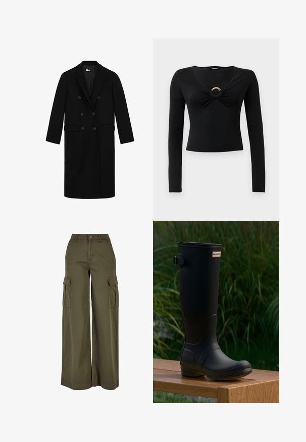 Zwarte dubbelgeknoopte jas van wol, met een gesneden revers, vier knopen aan de voorkant, twee zijzakken en een enkele borstzak.; Zwarte lange mouw top met een V-hals, voorzien van gathered stof bij de buste en een ronde metallic accent in het midden. Zacht, elastisch materiaal.; Olijfgroene wijde cargobroek met twee zijzakken, gemaakt van een zachte, duurzame stof. Voorzien van gedetailleerde stiksels en een knoopsluiting.; Zwarte rubberen kniehoge laars met een ronde neus, een lichte hak en een gespsluiting. Bevat het "HUNTER" logo op de voorkant.