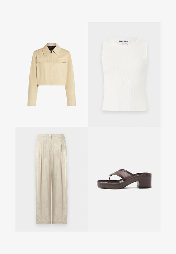 Veste beige coupée avec un col pointu, deux poches avant et une fermeture à boutons. Texture lisse et logo discret sur la poitrine.; Débardeur blanc à côtes sans manches avec un col rond, fabriqué en tissu extensible. Présente une étiquette marquée "DKNY JEANS" au niveau du col.; Pantalon beige taille haute à jambes larges avec un motif floral subtil, fermeture avant par boutons et détails plissés.; Sandale marron à talon avec lanière en mesh et design en tige, dotée d'un talon bloc et d'une semelle cousue, présentée de profil sur fond blanc.