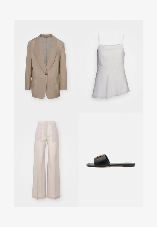 Blazer beige con acabado satinado, solapas de pico, cierre de un solo botón, dos bolsillos frontales y una forma estructurada, ligeramente oversized.; Top blanco sin mangas con tirantes finos, ajuste relajado y diseño asimétrico. Fabricado con una tela suave y ligera.; Pantalones de pierna ancha beige, hechos de una tela ligera tejida, con una cintura alta, cierre con un solo botón en la parte frontal y una textura sutil.; Sandalias de cuero negro tipo slide con Punta Abierta, suela plana y un acento dorado decorativo en la parte superior. Textura suave con diseño minimalista.