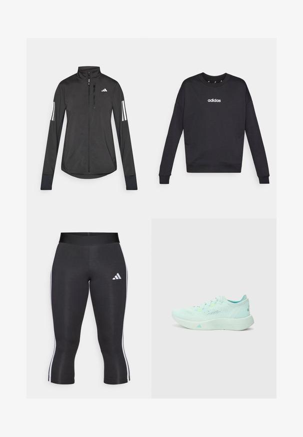 Sort atletisk jakke lavet af let materiale. Har en frontlynlås, høj krave og tre hvide striber på hver ærme.; Sort Adidas sweatshirt med lange ærmer, rund halsudskæring og hvidt logo på brystet. Fremstillet af blødt stof med ribbede manchetter og kant.; Sorte capri leggings med en bred talje, udstyret med hvide sideløsninger og et hvidt Adidas-logo på venstre lår. Glat tekstur.; Lyseblå løbesko med en mesh-overdel, struktureret sål og polstret krave. Har neonlysende detaljer og et strømlinet design.