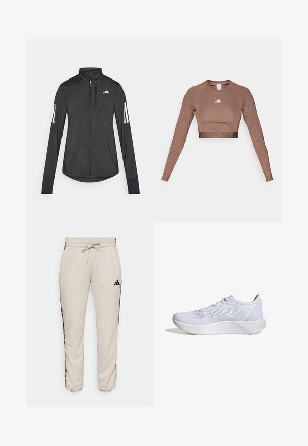 Schwarze Sportjacke aus leichtem Material. Mit einem Frontreißverschluss, hohem Kragen und drei weißen Streifen an jedem Ärmel.; Brauner langärmeliger Crop-Top aus glattem, dehnbarem Stoff. Verfügt über einen runden Halsausschnitt und ein kontrastierendes weißes Logo auf der Brust.; Hellbeige Sweatpants aus weichem Stoff, mit einem verstellbaren Bund und schwarzen Seitenpaneelen mit einem Leopardenmuster.; Weißer Sportschuh mit atmungsaktivem Mesh-Obermaterial, Schnürdesign, gepolstertem Kragen und einer strukturierten Gummisohle für besseren Halt.