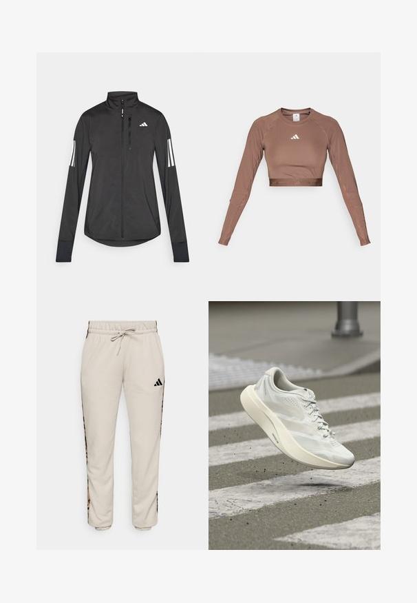 Musta urheilutakki, joka on valmistettu kevyestä materiaalista. Ominaisuuksiin kuuluu etuvetoketju, korkea kaulus ja kolme valkoista raitaa joka hihassa.; Ruskea pitkähihainen crop-top, joka on valmistettu sileästä ja joustavasta kankaasta. Siinä on pyöreä pääntie ja kontrastina valkoinen logo rinnassa.; Hupparusikka vaaleanbeige, pehmeästä kankaasta valmistettu, jossa on naru vyötäröllä ja mustat sivupaneelit, joissa on leopardikuosis. ; Valkoinen urheilukengän pohja ilmassa jalankulkijan suojatien yllä harmaalla asfaltilla, jonka pinnalla on pientä roskaa.
