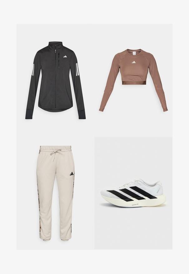 Schwarze Sportjacke aus leichtem Material. Mit einem Frontreißverschluss, hohem Kragen und drei weißen Streifen an jedem Ärmel.; Brauner langärmeliger Crop-Top aus glattem, dehnbarem Stoff. Verfügt über einen runden Halsausschnitt und ein kontrastierendes weißes Logo auf der Brust.; Hellbeige Sweatpants aus weichem Stoff, mit einem verstellbaren Bund und schwarzen Seitenpaneelen mit einem Leopardenmuster.; Weißer Laufschuh mit schwarzem Drei-Streifen-Design an der Seite und dicker weißer Sohle mit der Aufschrift "Lightstrike Pro" auf einfarbigem Hintergrund.