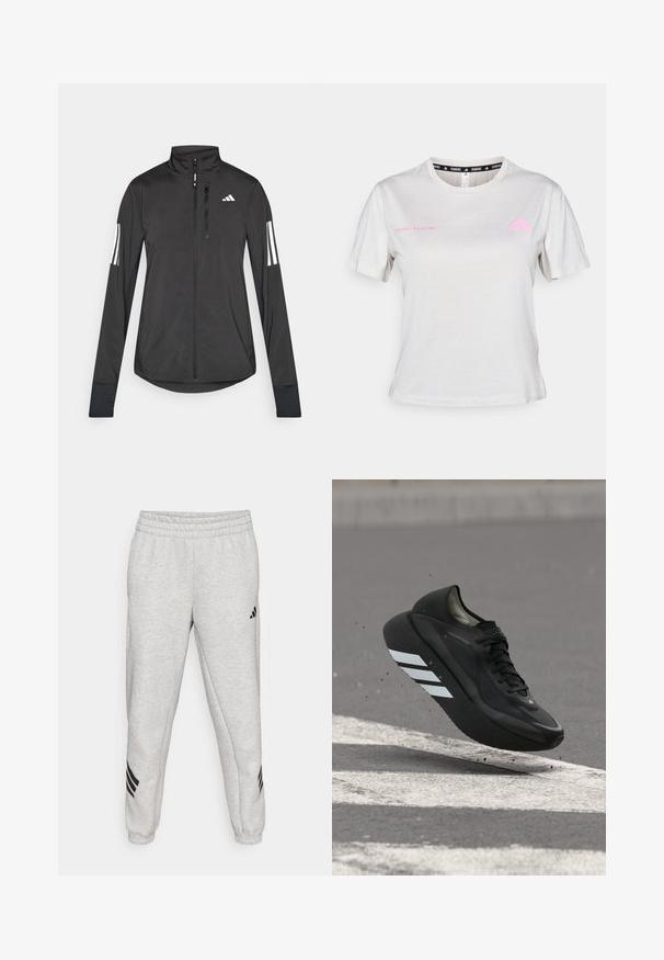 Schwarze Sportjacke aus leichtem Material. Mit einem Frontreißverschluss, hohem Kragen und drei weißen Streifen an jedem Ärmel.; Hellgraues kurzärmliges T-Shirt mit Rundhalsausschnitt, bedruckt mit "ADIDAS RUNNING" in Pink und pinkem Adidas-Logo auf der Brust. Weicher Stoff.; Hellgraue Jogginghose mit einem gerippten elastischen Bund, schmal zulaufenden Beinen und drei schwarzen diagonalen Streifen nahe den Bündchen. Glatte Textur.; Schwarzer Laufschuh mit weißen Streifen auf der Sohle, schwebt über Asphalt mit weißen Straßenmarkierungen und wirbelt kleine Schmutzpartikel auf.