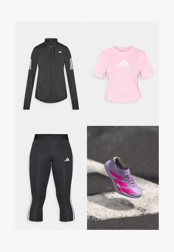 Veste de sport noire en matériau léger. Dotée d'une fermeture éclair sur le devant, d'un col haut et de trois rayures blanches sur chaque manche.; T-shirt en coton rose avec manches courtes, col rond et un logo triangulaire blanc sur le devant. Présente une coupe courte et une texture douce.; Leggings capri noirs avec une large taille, présentant des rayures blanches sur les côtés et un logo Adidas blanc sur la cuisse gauche. Texture lisse.; Chaussure de course violet clair avec des rayures et des accents roses, dotée d'un design élégant, d'une tige texturée et d'un col rembourré. Flottant au-dessus d'une surface.