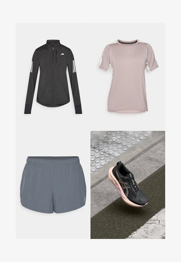Sort atletisk jakke lavet af let materiale. Har en frontlynlås, høj krave og tre hvide striber på hver ærme.; ASICS FUJITRAIL ELITE TOP - Sports T-shirts - rainstorm grey/cream; Grå athletic shorts med en blød tekstur, elastisk talje og en let buet kant. Har små perforeringer for åndbarhed.; Sorte løbesko med en struktureret strikket overdel, pink sål og reflekterende detaljer. Har flade snørebånd og polstret krave.