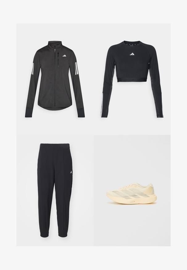 Sort atletisk jakke lavet af let materiale. Har en frontlynlås, høj krave og tre hvide striber på hver ærme.; Sort cropped træningstop med lange ærmer lavet af glat stof. Har et hvidt logo på brystet og stribede detaljer på ærmerne.; Sorte træningsbukser lavet af et glat stof. Taperet design med elastiske manchetter. Har et lille hvidt logo på venstre hofte.; Letvægts atletisk sko i lys gul og creme, med en tekstureret mesh-overdel, tre diagonale striber og en tyk sål med "LIGHTSTRIKE PRO" detalje.