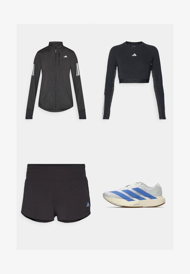 Sort atletisk jakke lavet af let materiale. Har en frontlynlås, høj krave og tre hvide striber på hver ærme.; Sort cropped træningstop med lange ærmer lavet af glat stof. Har et hvidt logo på brystet og stribede detaljer på ærmerne.; Sorte træningsshorts med en tekstureret overflade, der har en bred elastisk talje og et Adidas-logo i lyseblå på nederste venstre side.; Hvid løbesko med tre blå striber, lys beige tyk sål mærket "Lightstrike Pro," og hvide snørebånd på en ensfarvet baggrund.