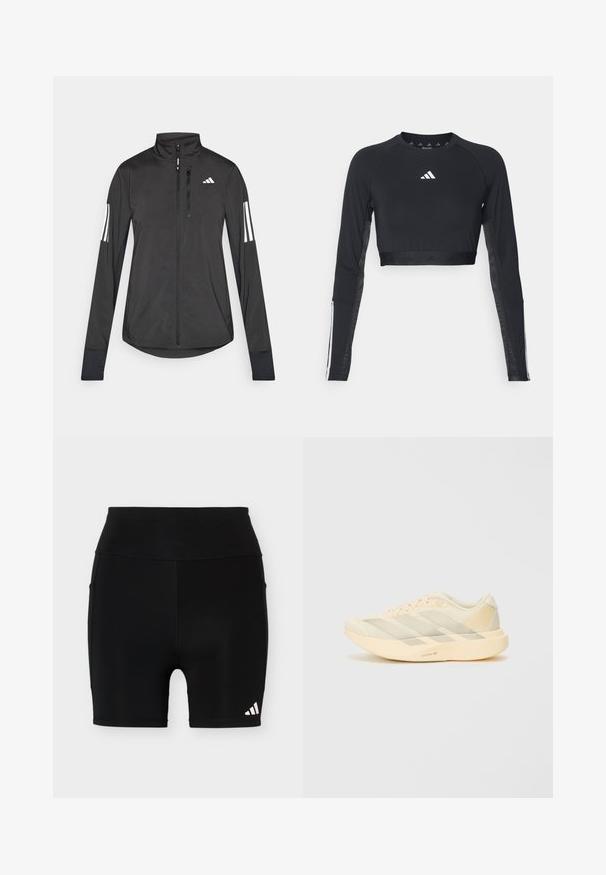 Zwarte sportjack gemaakt van lichtgewicht materiaal. Voorzien van een ritssluiting aan de voorkant, hoge kraag en drie witte strepen op elke mouw.; Zwart geknipt langemouwen workout top van gladde stof. Bevat een wit logo op de borst en gestreepte accenten op de mouwen.; Zwarte atletische shorts met hoge taille, met een klein wit Adidas-logo op het onderste linkerbeen en zijzakken tegen een effen achtergrond.; Lichtgewicht hardloopschoen in lichtgeel en roomwit, met een gestructureerde mesh bovenzijde, drie diagonale strepen en een dikke buitenzool met "LIGHTSTRIKE PRO" detail.