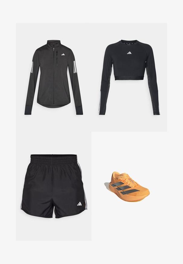 Sort atletisk jakke lavet af let materiale. Har en frontlynlås, høj krave og tre hvide striber på hver ærme.; Sort cropped træningstop med lange ærmer lavet af glat stof. Har et hvidt logo på brystet og stribede detaljer på ærmerne.; Sort atletiske shorts med elastisk talje, sideslids og hvide tre-stribes detaljer. Har et lille hvidt logo nederst til højre.; Adizero løbesko i lys orange med et struktureret overdel, tre grå striber og en let sål for forbedret ydeevne.
