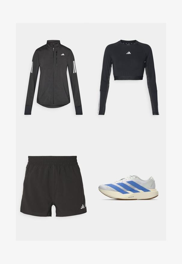 Chaqueta deportiva negra hecha de material ligero. Cuenta con una cremallera frontal, un cuello alto y tres franjas blancas en cada manga.; Top de entrenamiento negro recortado de manga larga hecho de una tela suave. Presenta un logo blanco en el pecho y acentos a rayas en las mangas.; Pantalones cortos deportivos negros de tejido ligero. Cuentan con una cinturilla elástica, un bolsillo lateral con cremallera y un logotipo reflectante en el dobladillo.; Zapatilla blanca para correr con tres rayas azules, suela gruesa beige claro etiquetada con "Lightstrike Pro," y cordones blancos sobre un fondo sencillo.