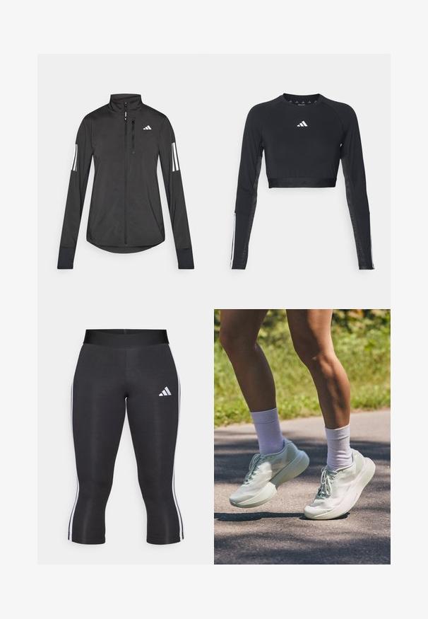 Chaqueta deportiva negra hecha de material ligero. Cuenta con una cremallera frontal, un cuello alto y tres franjas blancas en cada manga.; Top de entrenamiento negro recortado de manga larga hecho de una tela suave. Presenta un logo blanco en el pecho y acentos a rayas en las mangas.; Leggings capri negros con una cinturilla ancha, que cuentan con franjas laterales blancas y un logo de Adidas en blanco en el muslo izquierdo. Textura suave.; Zapatillas deportivas de un suave verde menta, con textura lisa, puntera redondeada y suela gruesa. Combinadas con calcetines blancos hasta el tobillo, mostradas en movimiento por un sendero.